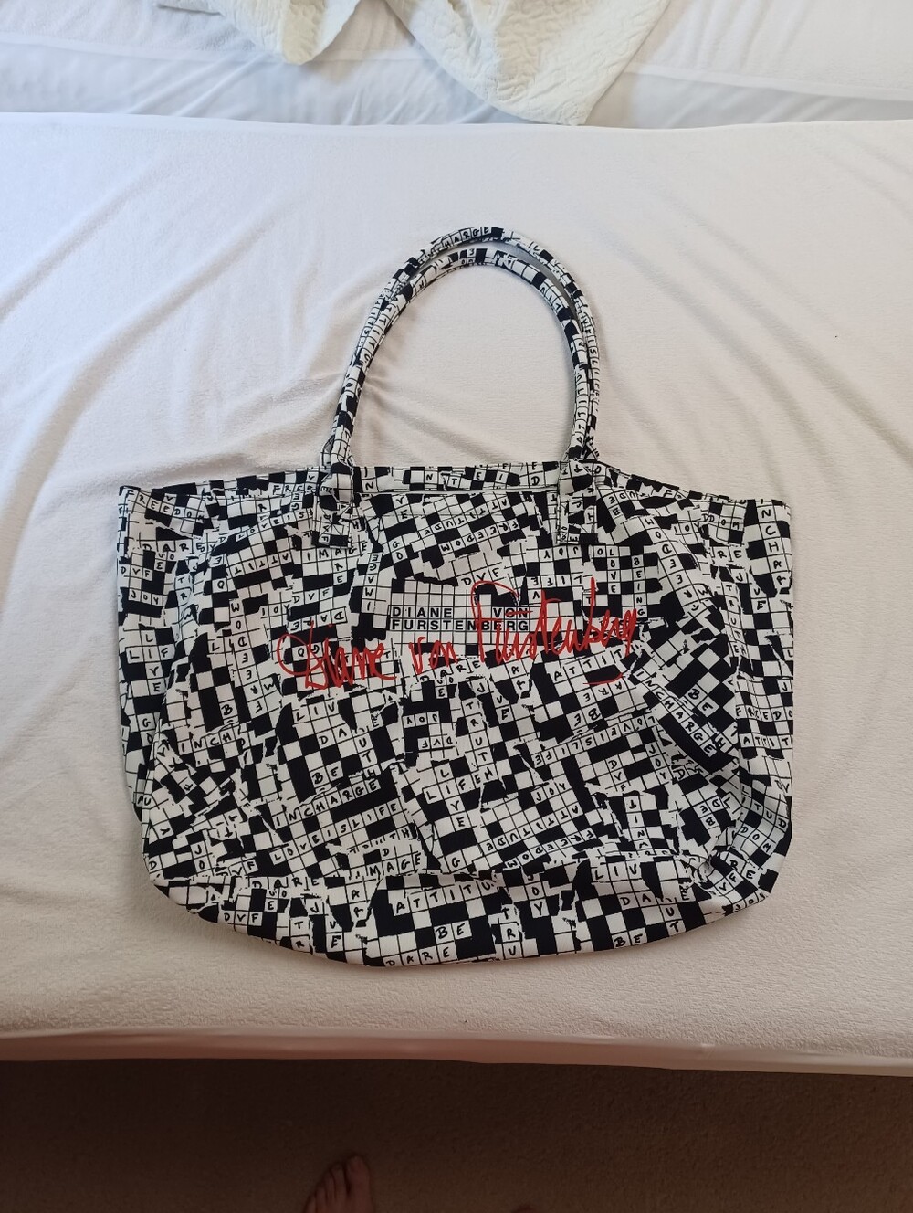 Diane Von Furstenberg Black & White Crossword Print Tote with Red Logo